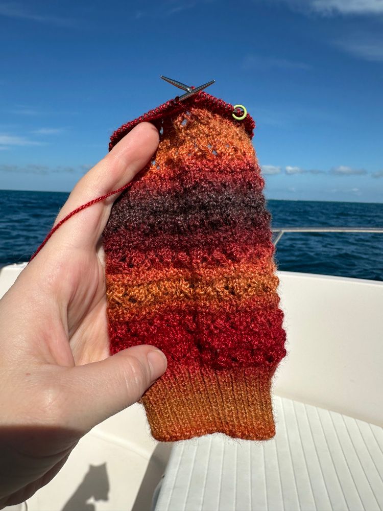 In progress knitting photo of a Beachgrass Sock using my mom’s handspun yarn from Sweet Georgia BFL+Silk roving.