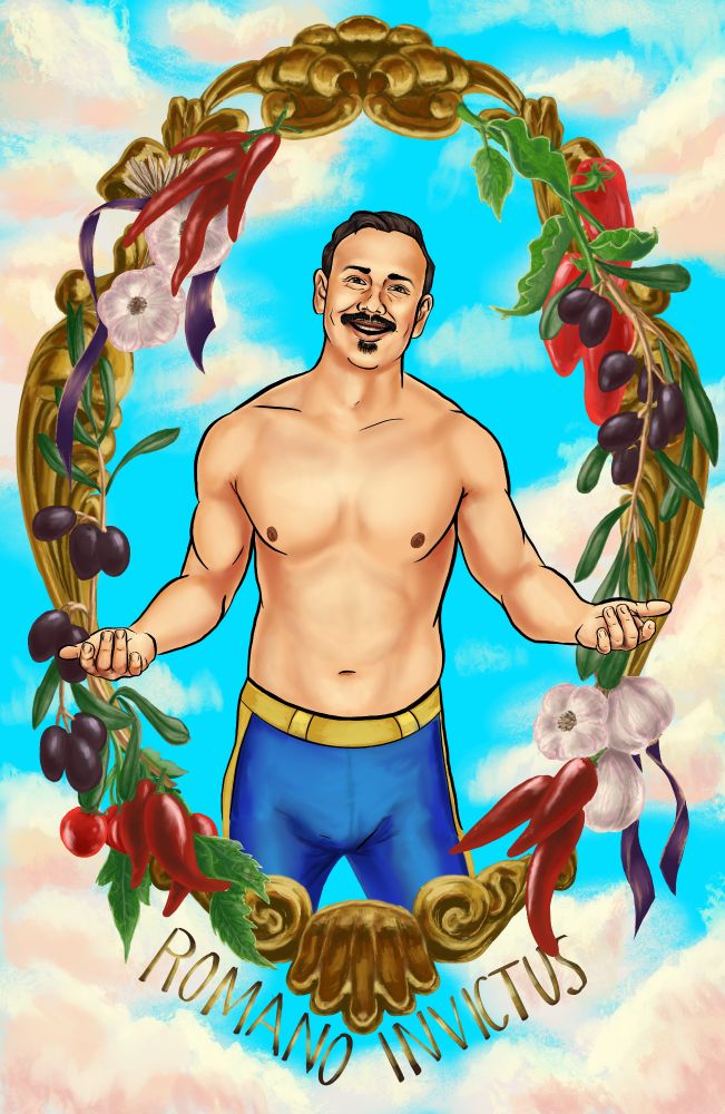 Wrestler Matty Romano in a Jesus-like pose with open arms in a gilt frame decorated with a garland of olives, chillies, tomatoes and garlic on a heavenly cloudy background with the words "Romano Invictus."