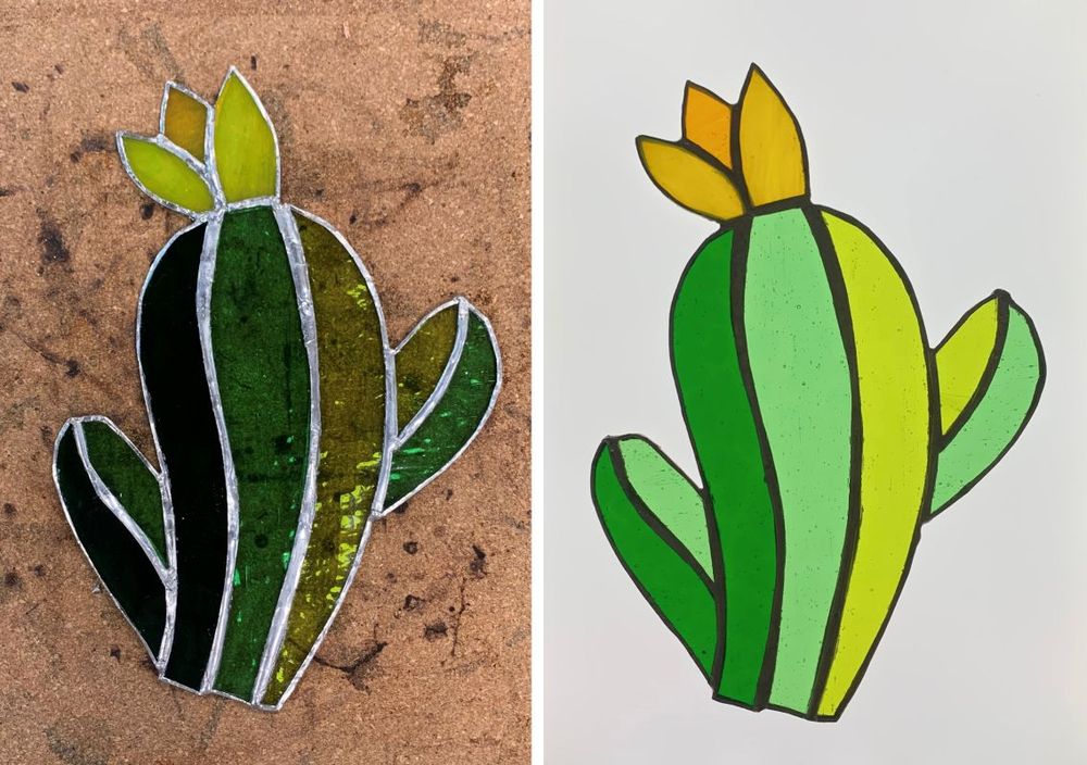 The photo montage shows my finished cactus: on the left, placed on a cork heat mat after soldering, and on the right, illuminated on a light box. The light box highlights the texture and colour of the glass beautifully. I aimed to create the effect of light falling from the top right, using yellow-green tones for highlights, pale green for mid-tones, and darker green for shaded areas.