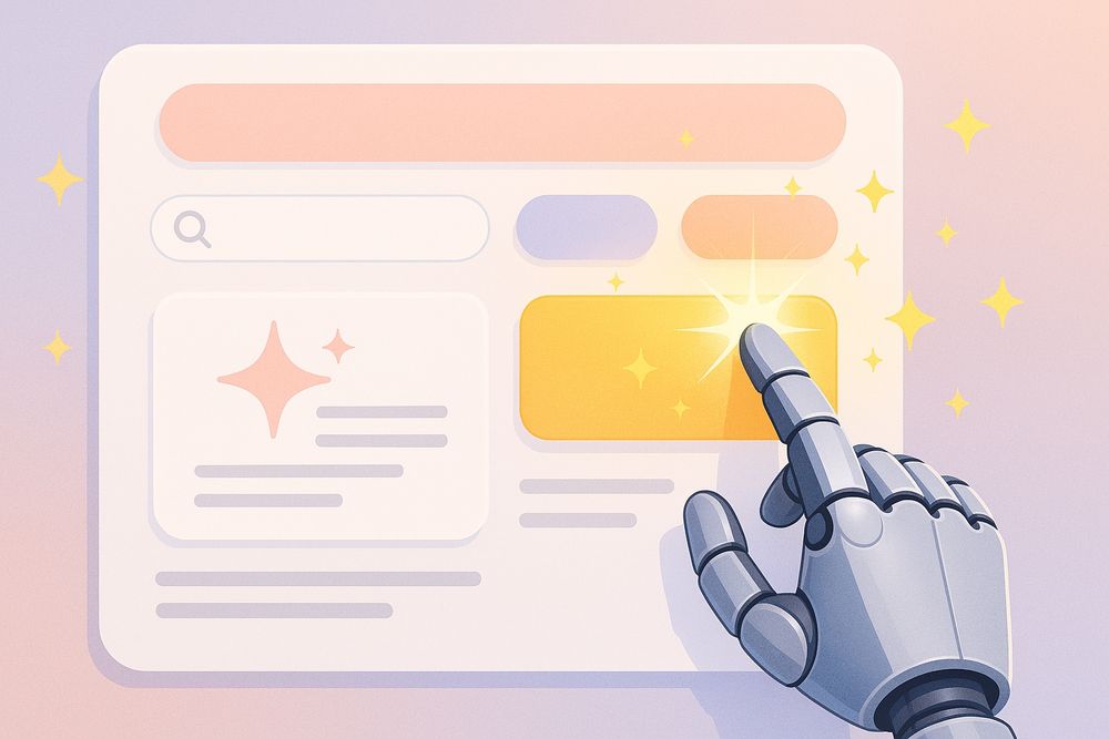 A metallic robotic hand with silver-blue fingers gently presses a glowing button on a pastel-colored user interface. Sparkles radiate from the button, and the interface features rounded icons and a soft pink-to-purple gradient background, evoking a joyful and whimsical mood. (generated with ChatGPT)
