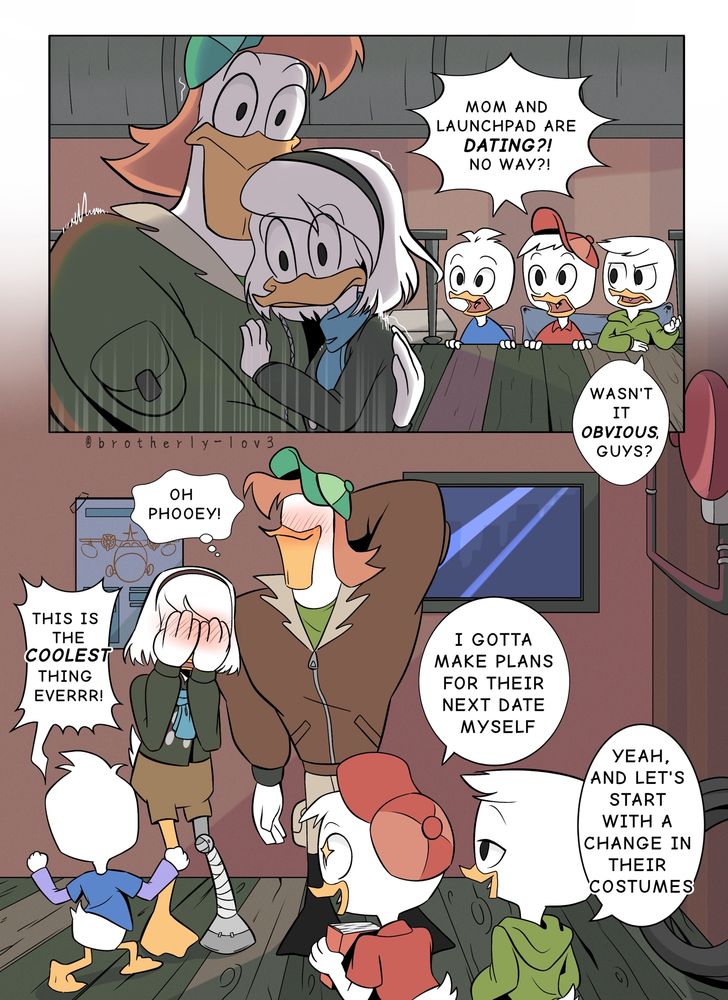 Comic of Huey, Dewey, and Louie catching Della & Launchpad dating.