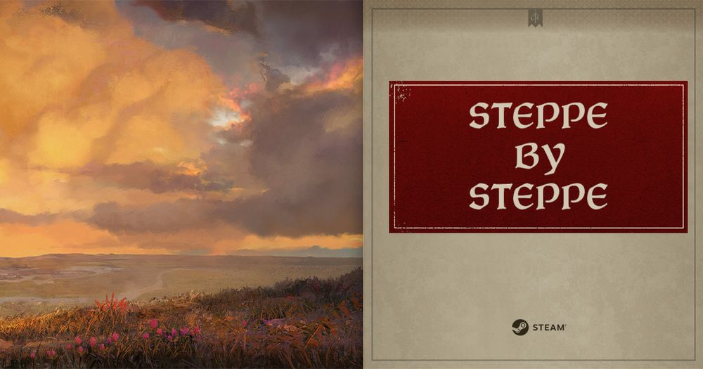 A digital painting of a grassy steppe, dominated by warmer hues; a side panel says "Steppe by Steppe"