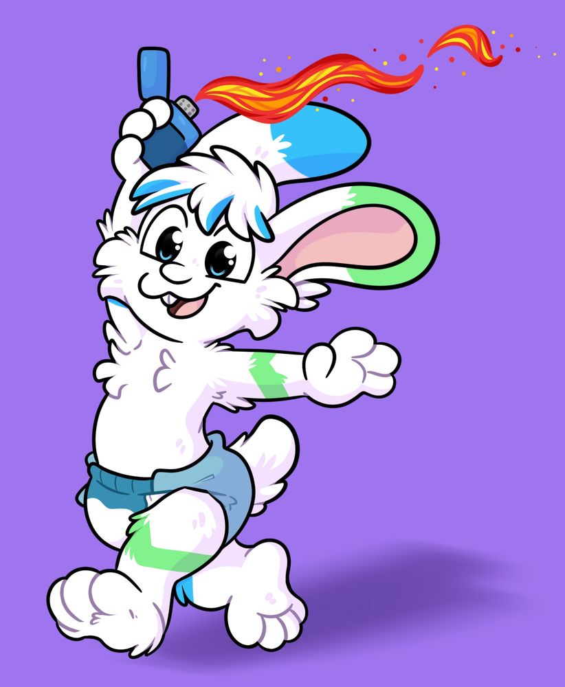A baby white bunny with blue and green markings running with a lit lighter.
