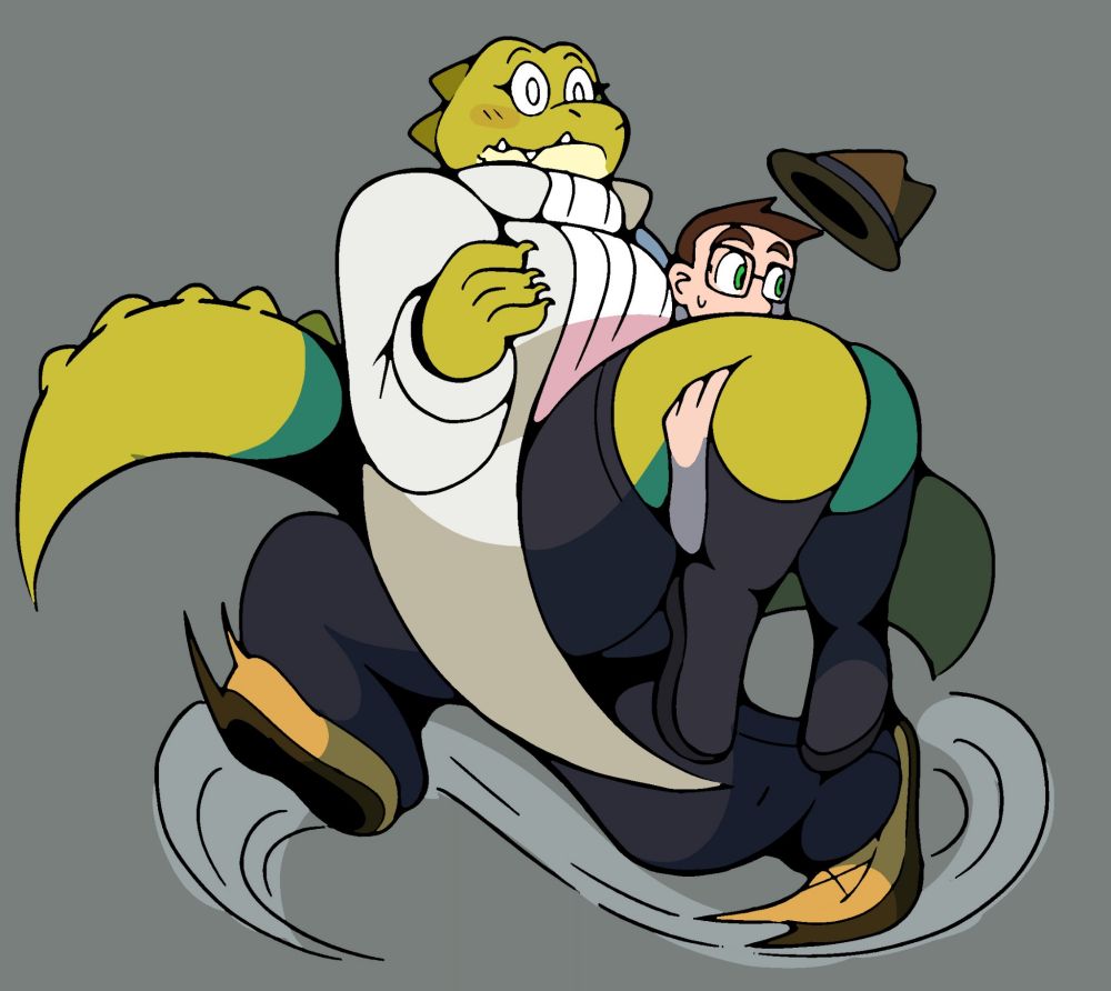 Artwork done by @Sleepyluu

Pim is hurriedly running while carrying the 7'0" tall, anthropomorphic crocodile Lily in his arms while looking behind himself. Meanwhile, Lily is quite confused as to what is happening, yet the small blush hints that she doesn't quite mind this sudden surge of strength from Pim that lands her in his arms.
