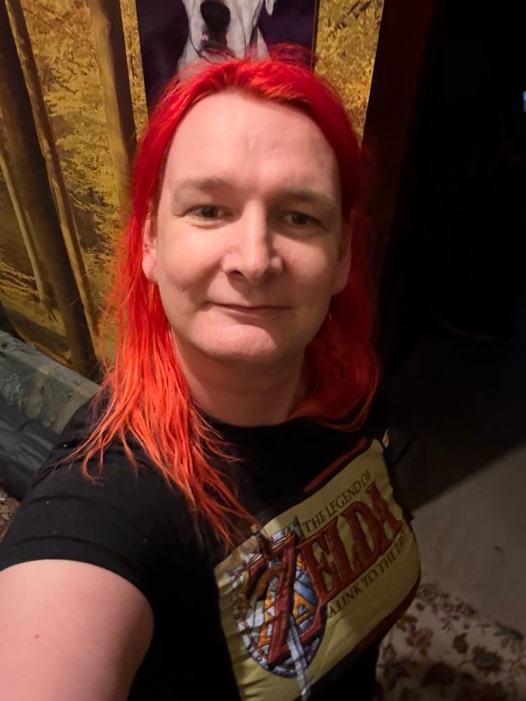 Sleepie selfie of a girl in a Zelda box art t-Shirt. 