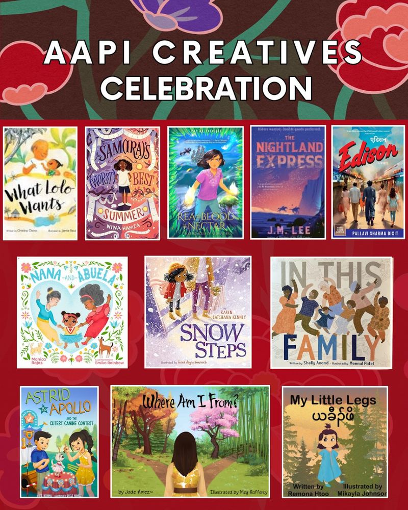 promotional graphic for the AAPI Creatives Celebration event at Big Hill Books in Minneapolis. Shows book covers by the authors attending. May 29, 2025, from 6:30pm-8pm
