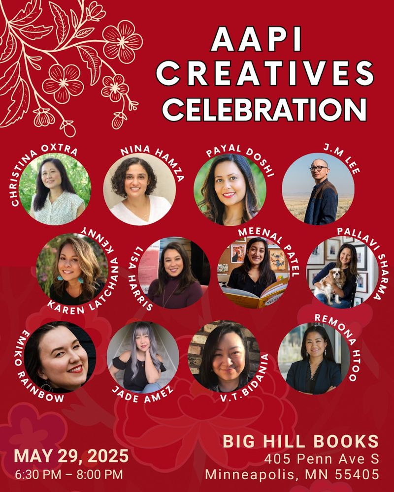 promotional graphic for the AAPI Creatives Celebration event at Big Hill Books in Minneapolis. May 29, 2025, from 6:30pm-8pm