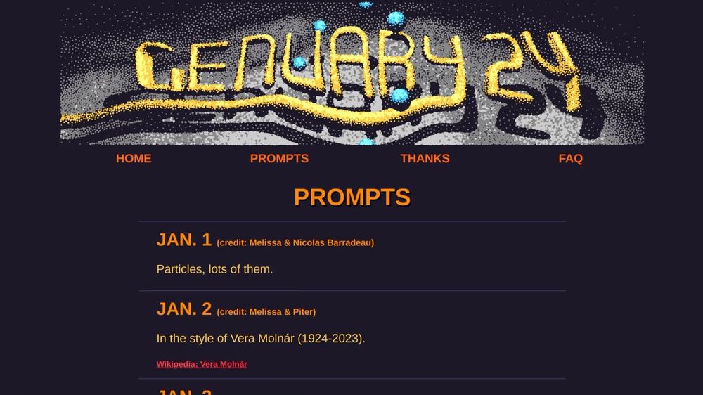 genuary website image with list of prompts