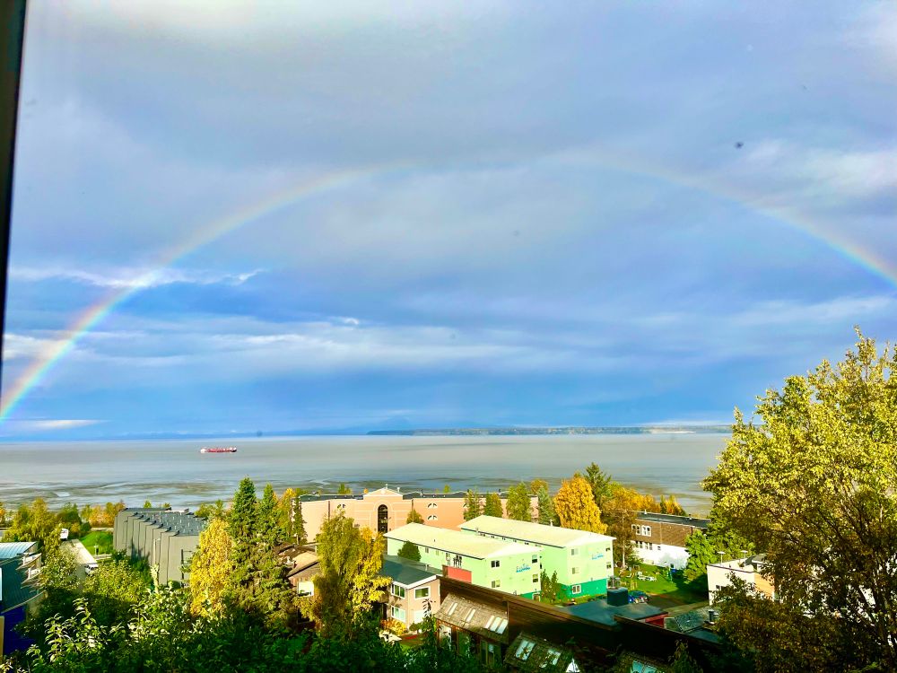 Dark blue sky meeting grayish water with a rainbow overhead. Houses and trees in the foreground brightly lit, red ship in the water under the rainbow.