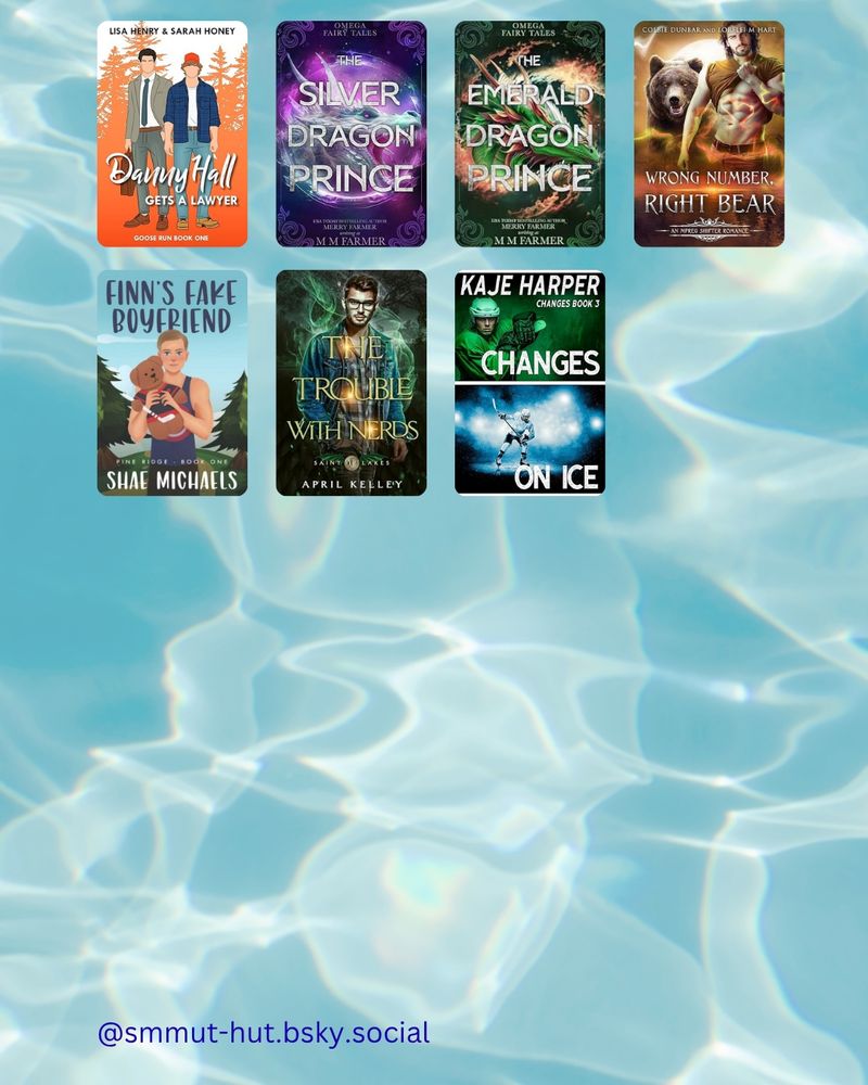 A digital collage titled “July Reads” featuring 20 romance book covers arranged in a 5x4 grid over a light blue water background. The covers showcase a variety of shirtless or romantically posed men, hinting at themes of LGBTQ+ romance and passion. Titles include: Camping with the Boss by D.K. Sutton The Bend in the River by Robin Knight The Ex in Xmas by Robin Knight The Heart Strings of Harry by Robin Knight Heroes for Ghosts by Jackie North Honey from the Lion by Jackie North Wild with the West Texas Wind by Jackie North Ride the Whirlwind by Jackie North Depths of Desire by Hayden Hall Buried Past by Declan Rhodes Hemingway’s Notebook by Jackie North Bloody Temptations by Ali Woods Coach by Casey Morales The First Turn by Ryan Reed Brothersong by T.J. Klune At the bottom is the handle 