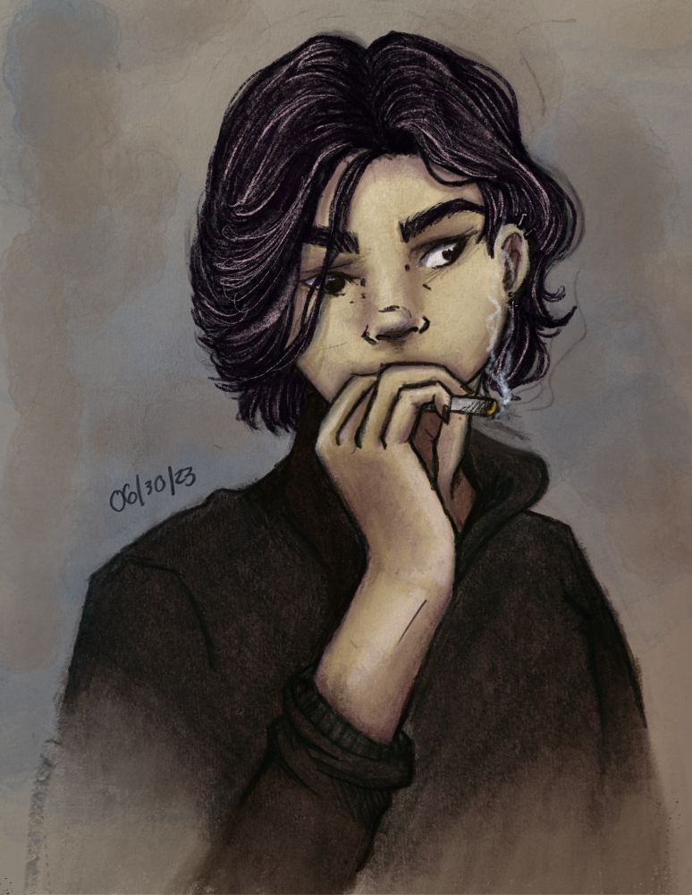 A digital portrait of a boy. (Nathan Chun, an OC) He looks off ot the side while smoking a cigarette with chin length hair falling in his face. This Portrait is dated June 6, 2023. 