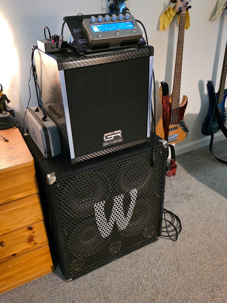 Bass amp rig. 2 bass cabinets. GR Bass AT Cube 500 1x12 and a Warwick Pro 4x10 with Darkglass Anagram multi-effect processor 