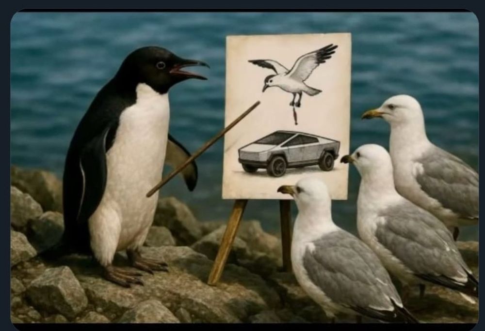 Penguin showing a picture of a Tesla vehicle and pointing out to the other goals where they should poop