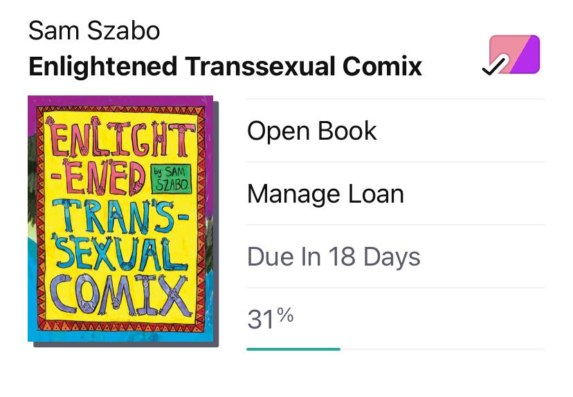 Screenshot off of Libby of Enlightened Transsexual Comix by Sam Szabo. At the time of the photo it was due in 18 days and I was 31% into the book.