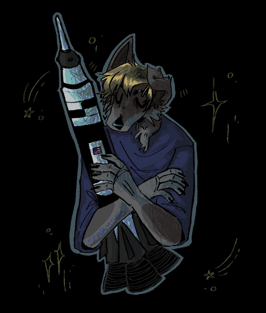 Anthropomorphic dog holding a model of the Saturn v rocket. He is cradling it to his chest. His eyes are closed and expression is tender. The background is black with a scatter of stars. 