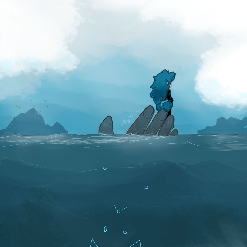 A woman with blue hair, a blue skirt and black clothing sits upon the fingers of a massive stone hand, turned away and looking at islands in the distance. The hand, apart from the fingers, is submerged in seawater- below the surface, light blue runes illuminate the outline of an arm.