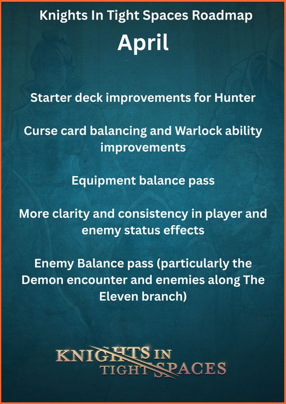 Starter deck improvements for Hunter

Curse card balancing and Warlock ability improvements

Equipment balance pass

More clarity and consistency in player and enemy status effects

Enemy Balance pass (particularly the Demon encounter and enemies along The Eleven branch)