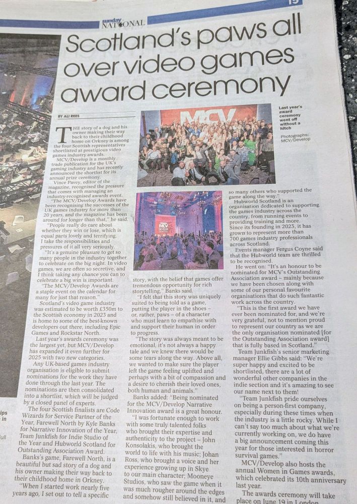 Article from The National newspaper titled "Scotland's paws all over video games award ceremony", detailing four Scottish game's nominated for the MCV/Develop Awards, including Farewell North!