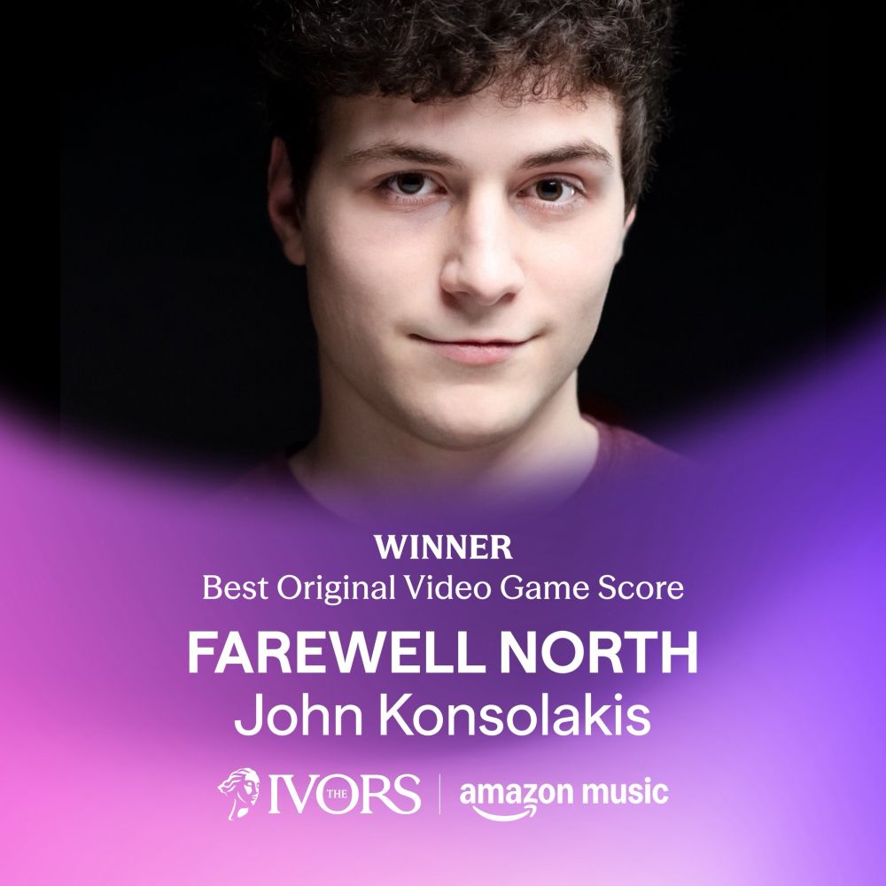 Official "winner" announcement showing John Konsolakis winning the Best Original Video Game Score for Farewell North at the Ivors