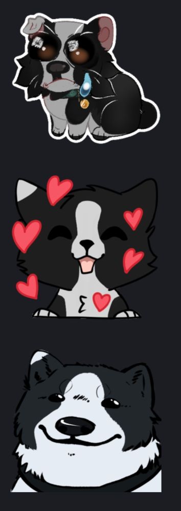 Emotes of Chesley, the border collie from Farewell North. One is crying, one is hearts, and one is smug