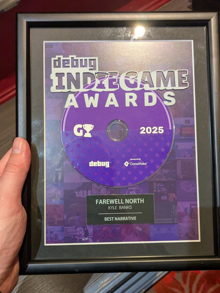 The Debug Indie Game Awards trophy for Best Narrative to Farewell North 