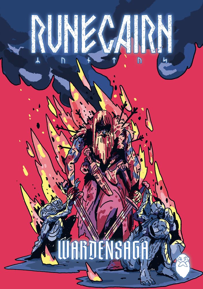 Runecairn Wardensaga Remastered. Vibrant blue and magenta, burning Viking warrior wielding two swords and surrounded by the charred and yearning dead. Art by CROM.