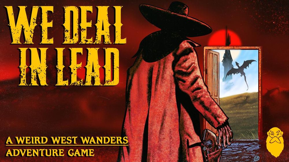 We Deal in Lead. Weird west wanders adventure game. Mysterious gunslinger drawing their gun in front of an open door leading to another world. Striking reds and yellows. Art by Goran Gligovíc.
