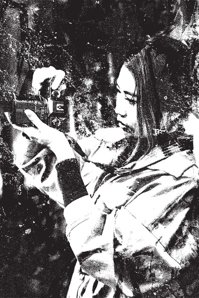Black and white illustration with distorted textures. An Asian woman in a trenchcoat peers at her camera.