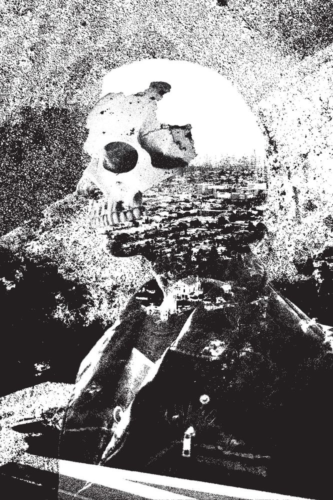 Black and white illustration. A skull superimposed on a figure in a black leather jacket. Heavy texture.
