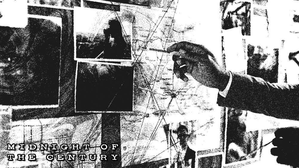 Black and white image of an investigation board, with a hand pointing at locations on a map. Midnight of the Century.