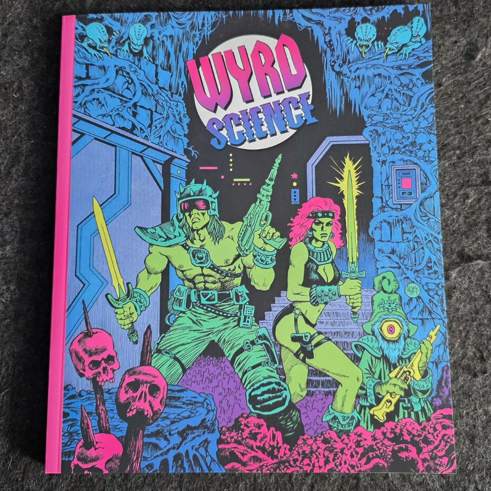 Cover to Wyrd Science Issue 7. Striking colours, science fantasy couple with little gribbly.