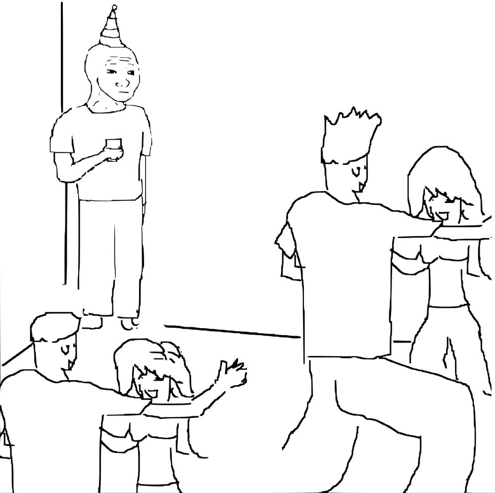 desenho do meme "they dont Know" (um cara encostado na parede enquanto o resto da galera na sala está dançando)