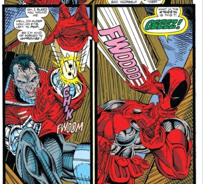 print de HQ da X-Force com destaque para os personagens Garrison Kane e Deadpool. Kane tem braços biônicos e pode desafixar sua mão via controle mental 