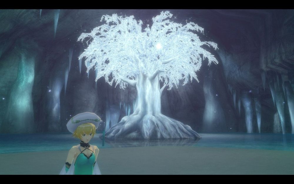 Captura de .hack/gu sale un arbol brillante y una nila abime con gorro absurdo