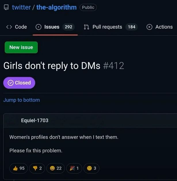 Captura de tela de uma 'issue' (relatório de problema) no GitHub para o repositório 'twitter/the-algorithm'. O título da issue #412 é 'Girls don't reply to DMs' (Garotas não respondem às DMs) e está marcada como 'Closed' (Fechada). Abaixo, o usuário Equiel-1703 comenta em inglês: 'Women's profiles don't answer when I text them. Please fix this problem' (Perfis de mulheres não respondem quando eu envio mensagens. Por favor, corrijam este problema).
