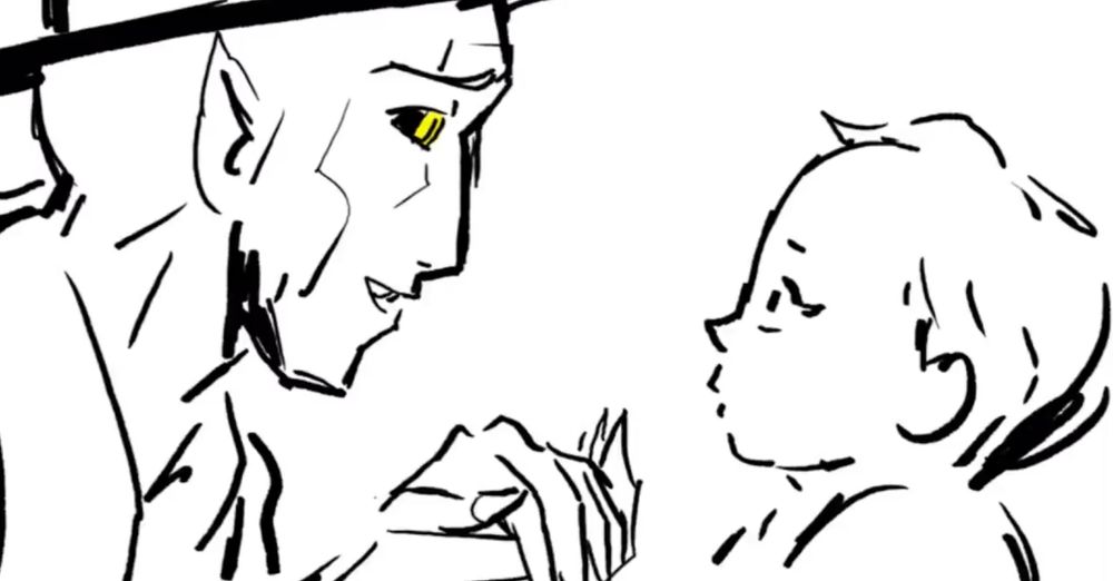 Rumi's father—who is still a demon with yellow eyes, pointed ears, and talon-like hands—is face to face with baby Rumi. He looks slightly nervous, but he's also smiling. His hands are clasped together in front of him as if he's holding something. Baby Rumi is looking back at him. 