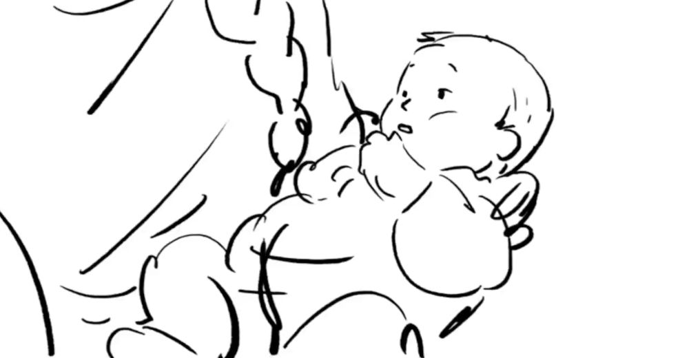 Still shot from an early storyboard of an unused scene from K-Pop Demon Hunters. Rumi as a baby is being held by her mother, whose face is off-screen but her identity is obvious because of her long braid. 