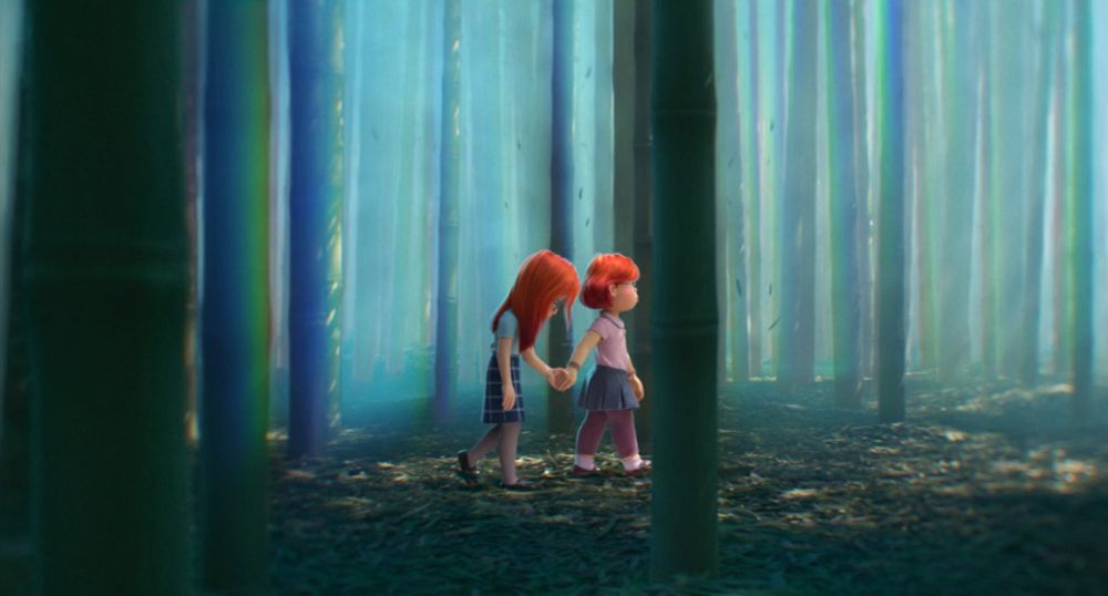 Scene from the movie Turning Red, where Mei finds her mother crying as a child, then takes her hand and leads her out of the bamboo forest. This particular shot shows Mei, looking calm and self-assured, holding her mother's hand, leading her forward as the two of them walk together.