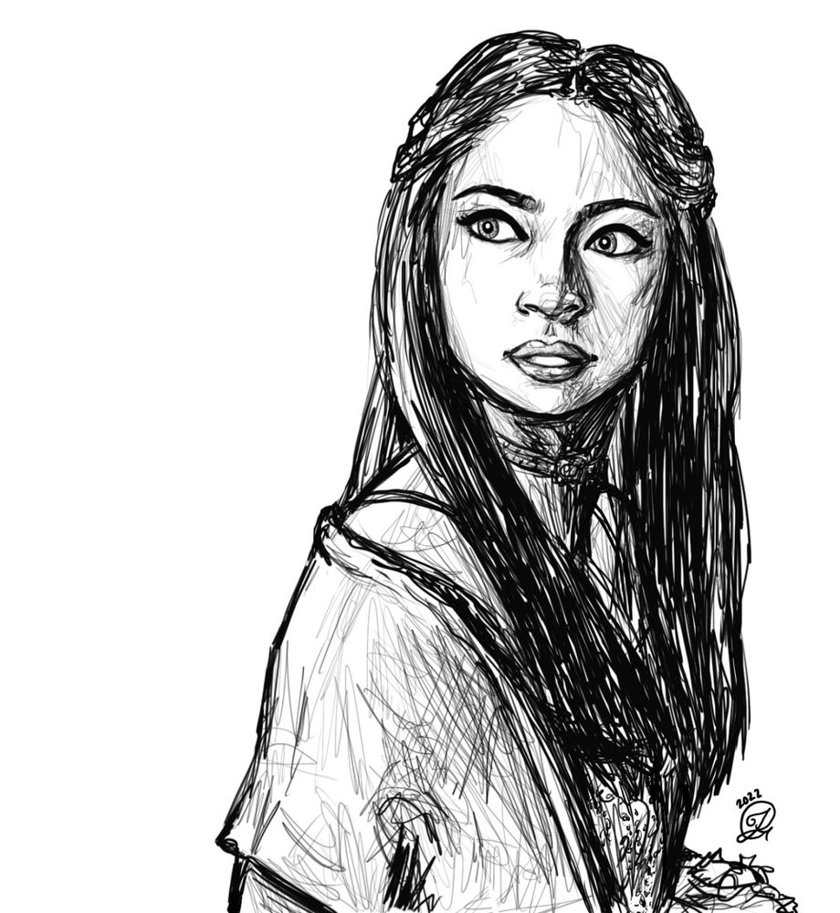 A sketchy black and white drawing of Lana Lang from Smallville, specifically from the end of the pilot episode. She's wearing a dress and is partially turned around, looking over her shoulder as if something is behind her. She has long, straight dark hair, large eyes, and slightly parted lips.