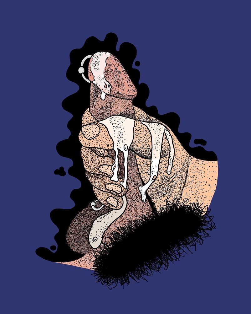 Portrait styled illustration of an erection dripping with cum