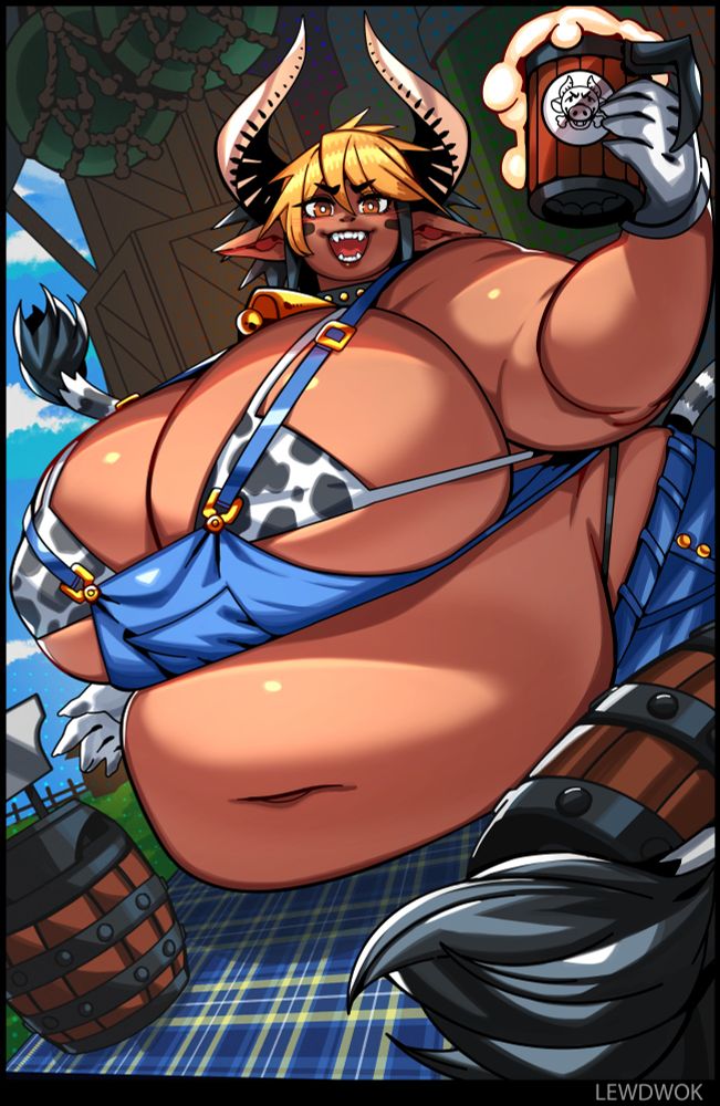 A very fat cathyl from Monster musume, grinning as she lifts a tankard of milk.
