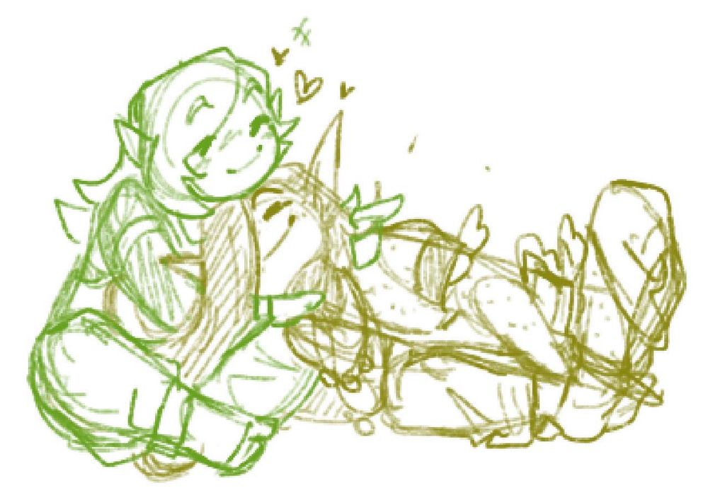 Hen and Goose in a more Chibi style. They are sitting next to each other with their legs crossed and Goose is leaning his head onto Hen’s knee, while Hen is resting his chin on Goose’s forehead. They are both smiling wildly 