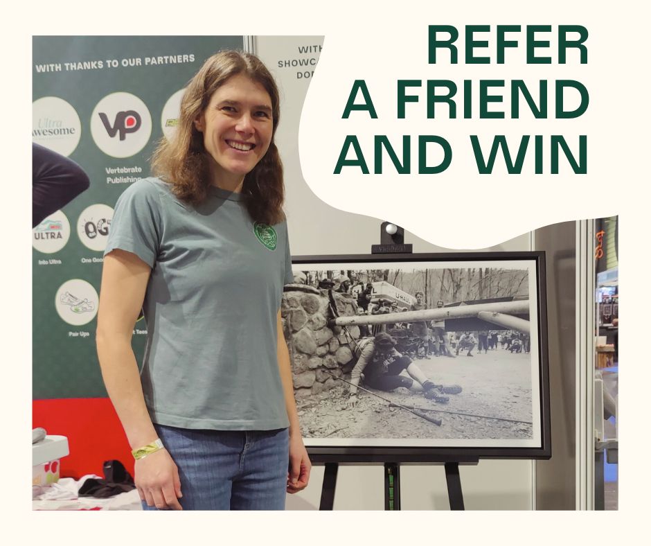 Jasmin Paris stands in front of a print by David Miller. Print depicts Jasmin at the famous gate at the end of the 2024 Barkley Marathons.

Here’s how to enter (T&Cs below):
1️⃣ If you’re already a member of The Green Runners, refer someone you know.
2️⃣ When they sign up, they must put your name down as the person who referred them.
3️⃣ You’ll both be entered into the draw! 🎟️
T&Cs:
✅ Open to UK residents only.
⏳ Entries close at 23:59 on January 31st.
📧 The winner will be chosen at random and contacted by email on February 2nd.

T&Cs:
✅ Open to UK residents only.
⏳ Entries close at 23:59 on January 31st.
📧 The winner will be chosen at random and contacted by email on February 2nd.
1️⃣ One entry per person
📦 Winner is responsible for the shipping fee