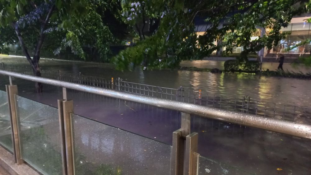 A photo of a submerged street at nighttime, flooded with knee-deep rainwater.
The photo is taken from an area slightly higher up, behind a protective railing.