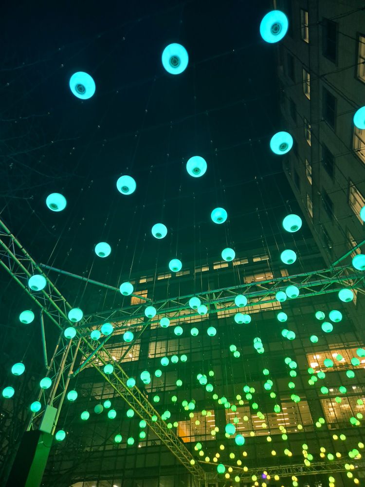 Green hanging light bulbs.