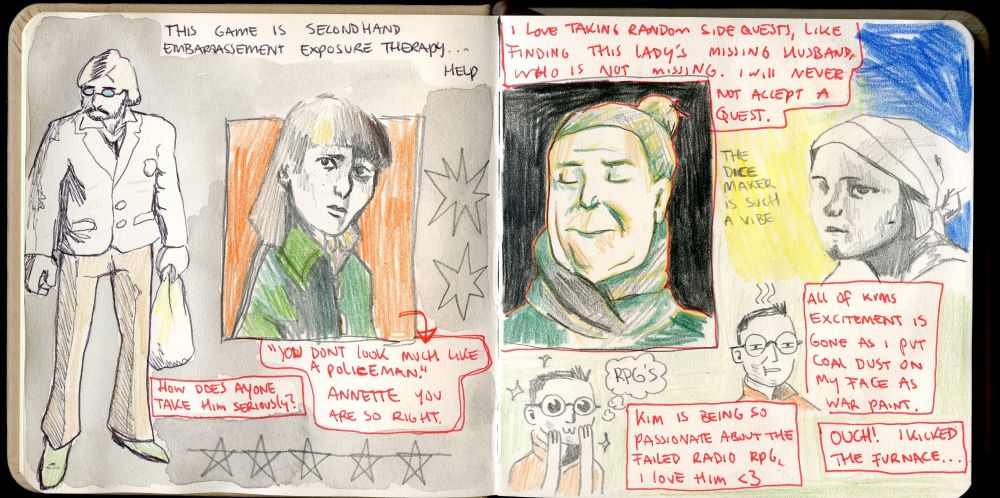 Sketchbook page containing sketches of different Disco Elysium characters such as Harry, Annette and the dice maker. And comments such as "This game is secondhand embarrassment exposure therapy..." and "i love taking random sidequests, like finding this lady's missing husband, who is not actually missing. i will never not accept a quest." 