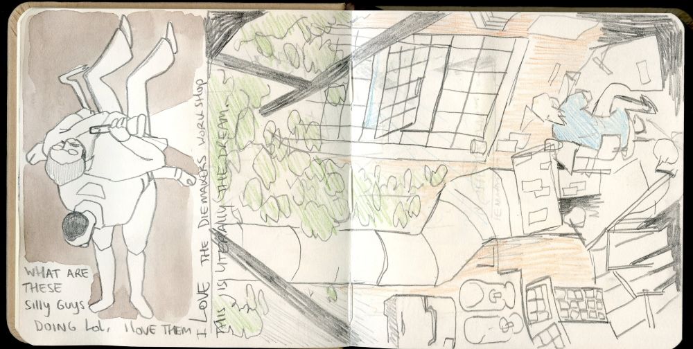 A sketchbook page with a very loose sketch of the dice makers workshop, and a drawing of harry and kim mid idle animation.