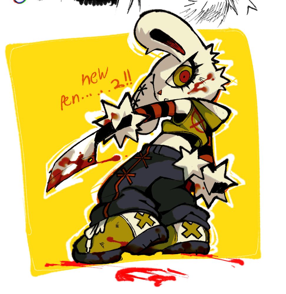 a drawing of bloody bunny, theyre drawn from a low angle looking at the viewer with bloodied shoes and butcher knives.