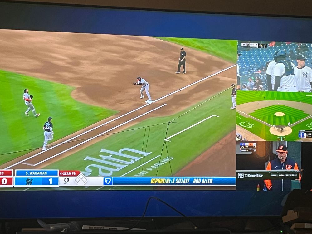 MLB Network on Apple TV multiview feature with 4 games at once- able to change audio and video independently. Screenshot.