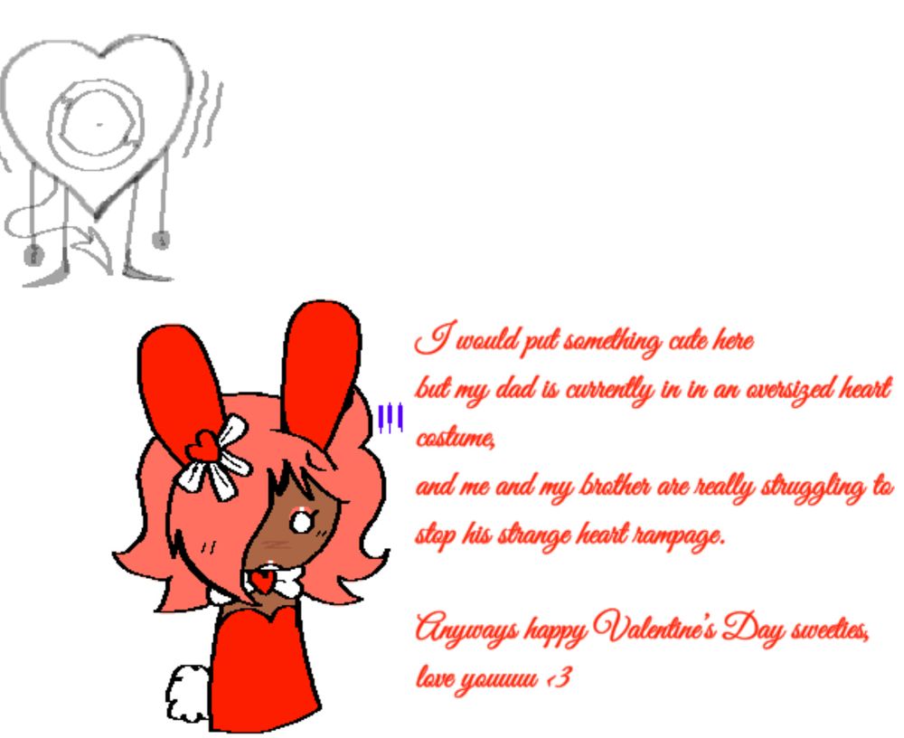 Hun explaining why he can’t put a cute message for the valentines drawing with Lekto in the background in a heart costume.